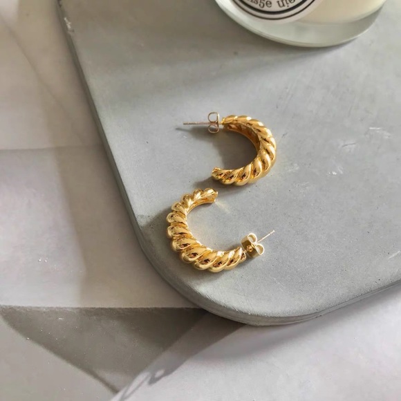 Gold twisted earrings, gold croissant earrings, mini hoop earrings, - Picture 2 of 9